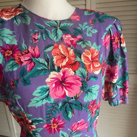 Vintage 80s David Benjamin Floral Drop Waist Midi Dress Prairie CottageCore - Picture 2 of 11